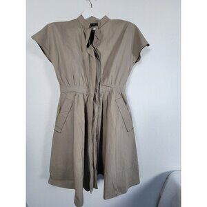 Satin Womens Beige Zip-Front Short Sleeve Mini Dress Pockets Lightweight Casual